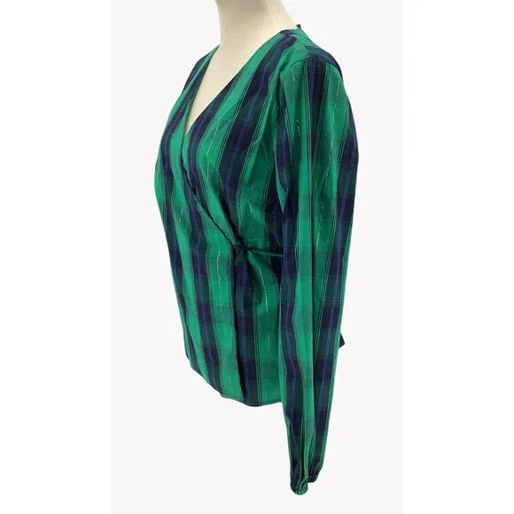NWT Southern Tide Womens Green & Navy Plaid Wrap Long Sleeve Top XL - Picture 3 of 9